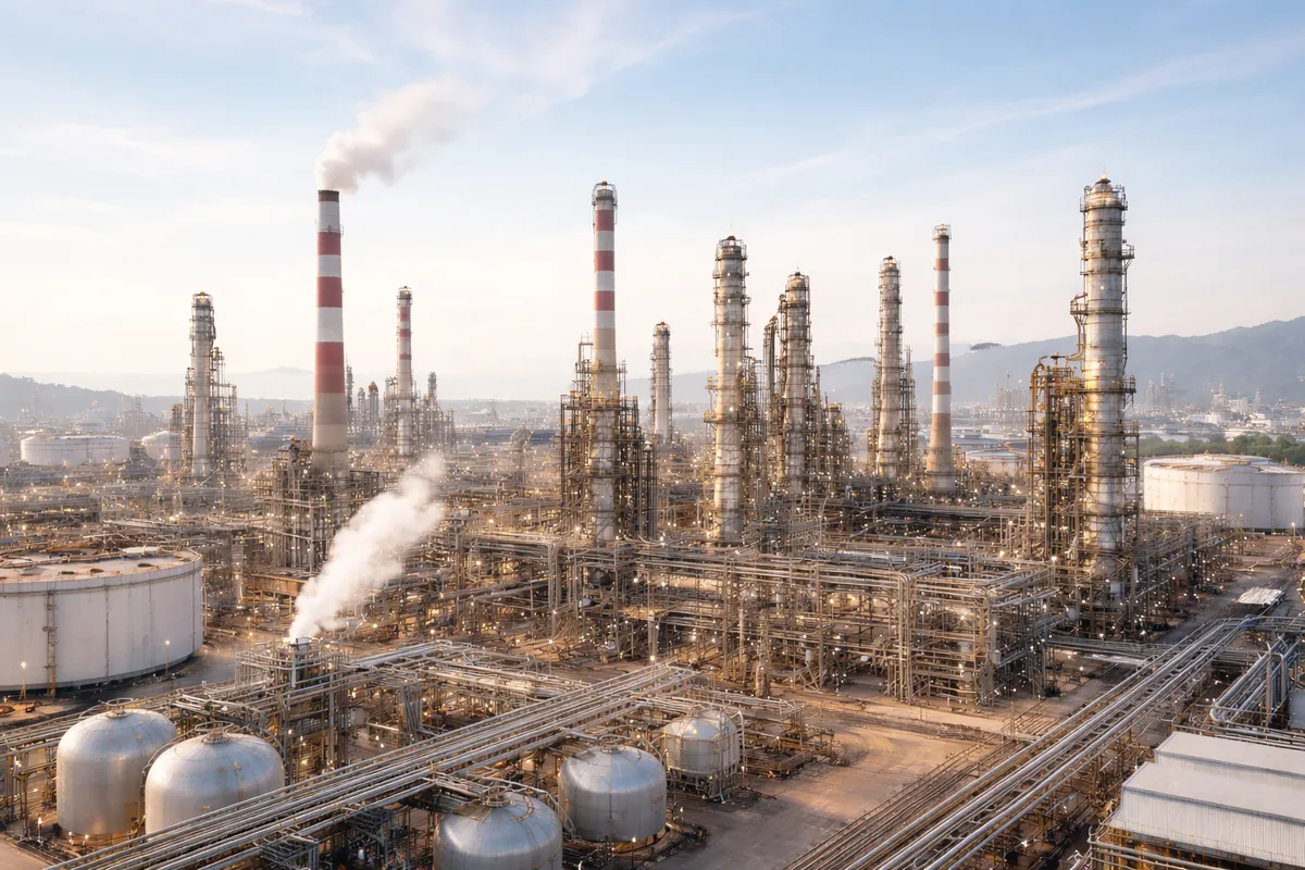 Industrial process plant with towers, interconnected pipework and storage tanks